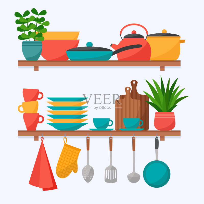 带烹饪工具的厨房置物架图标素材