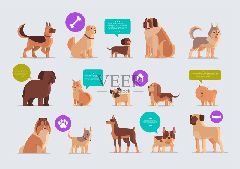 纯种犬毛茸茸的宠物套装图标素材