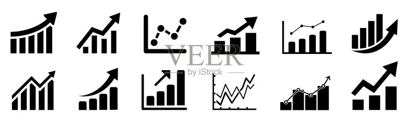 图表图标设置,箭头指示业务增长成功,业务条形图标志,利润增长符号,进度条符号,增长图表图标,增长图表集合 - 矢量图标素材