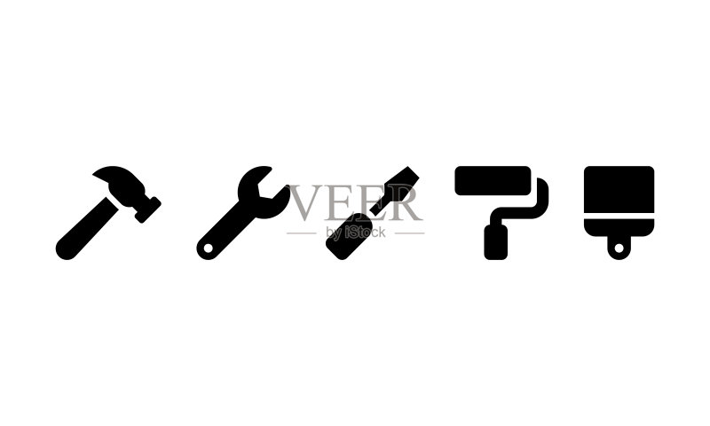 建筑工具矢量图标:锤子、扳手、螺丝刀、滚筒、刷子黑色符号图标素材