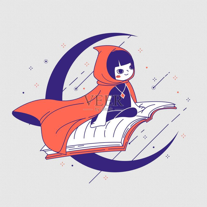 女孩书海遨游线框卡通正版元素素材