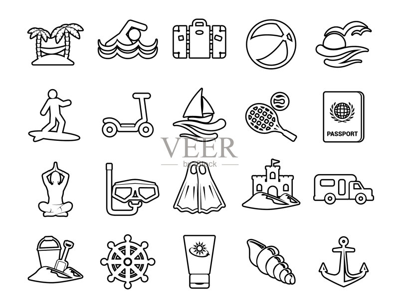 极简现代细描边黑色旅行图标套装图标素材