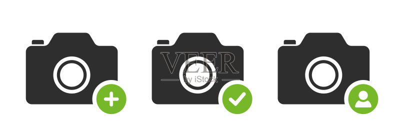App照片图标。带加号、复选标记和用户界面按钮的相机图标图标素材