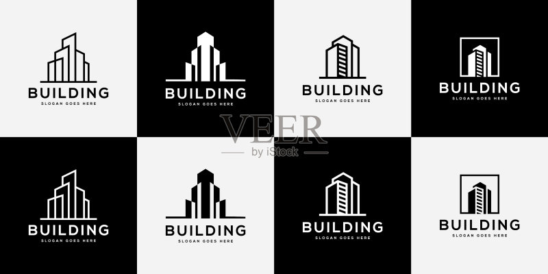线条艺术风格城市建筑Logo组合图标素材