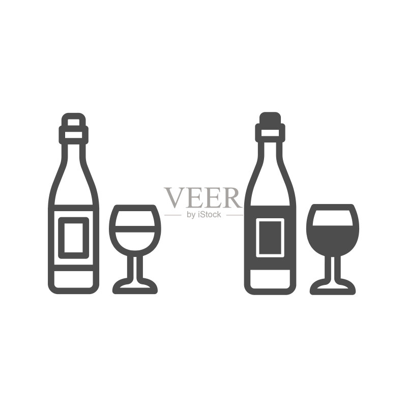 酒瓶和酒杯线条图标,酒厂概念,白色背景上的酒精饮料和酒杯矢量标志,移动概念和网页设计的轮廓样式图标。矢量图形。图标素材