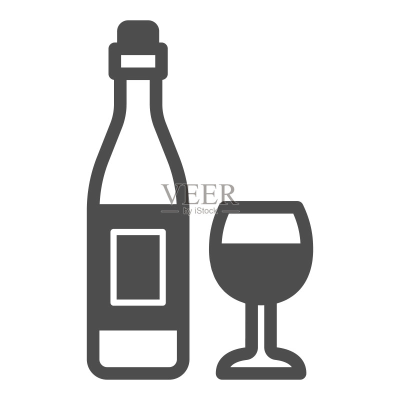 葡萄酒瓶和酒杯实体图标,酒厂概念,白色背景上的酒精饮料和酒杯矢量标志,用于移动概念和网页设计的字形样式图标。矢量图形。图标素材