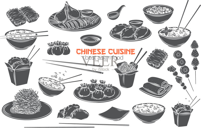 中国菜美食单色图标合集图标素材