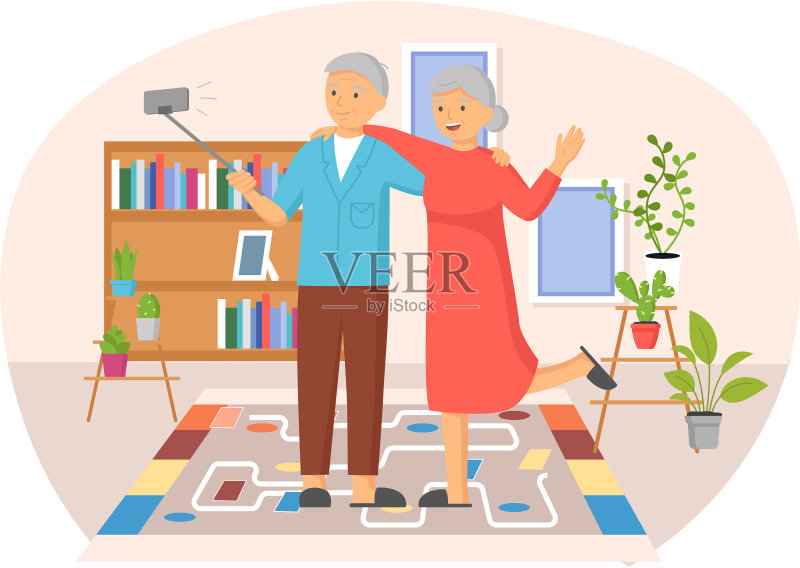 一家人用自拍杆合影插画图片素材