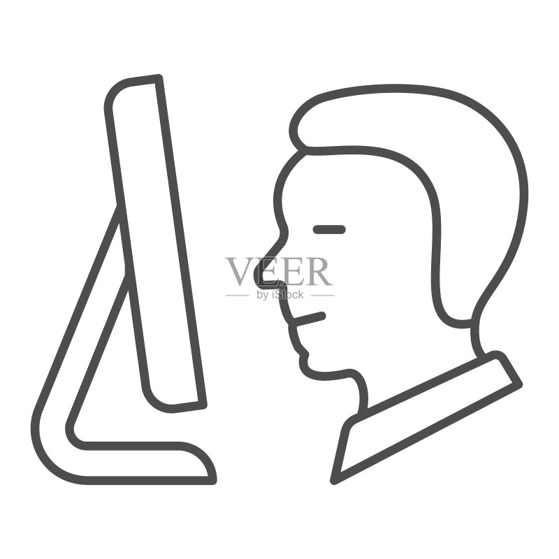 男人看显示器细线图标,显示器和电视概念,人在屏幕上看矢量标志在白色背景上,移动概念和网页设计的轮廓样式图标。矢量图形。图标素材