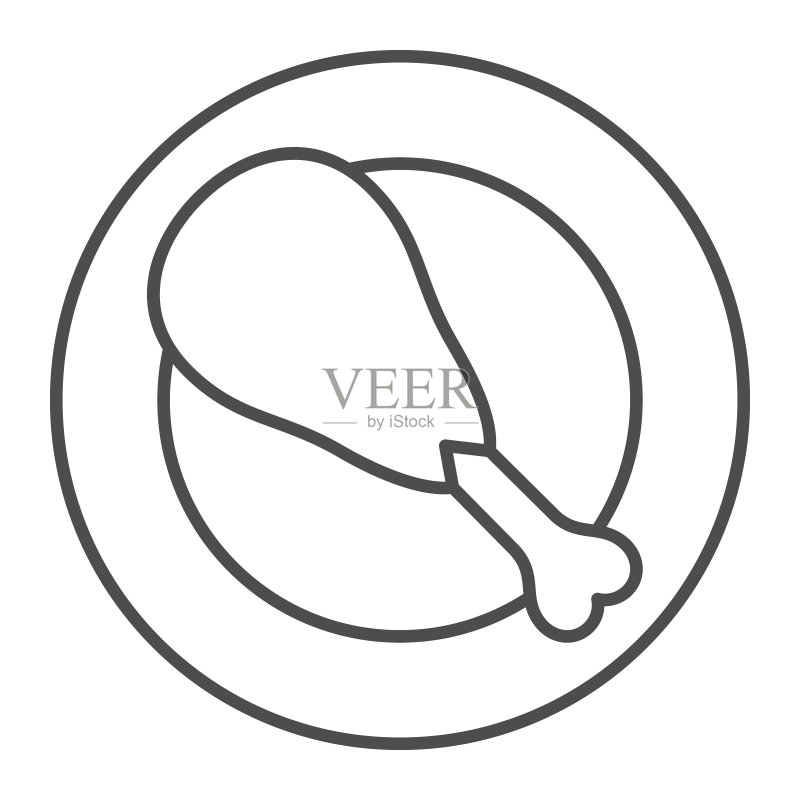 盘子里的火鸡腿细线图标,食物概念,盘中烤火鸡腿的矢量标志,白色背景,移动概念和网页设计的轮廓风格图标。矢量图形。图标素材
