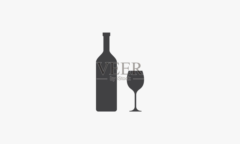 白色背景上的饮品瓶与葡萄酒杯图标素材