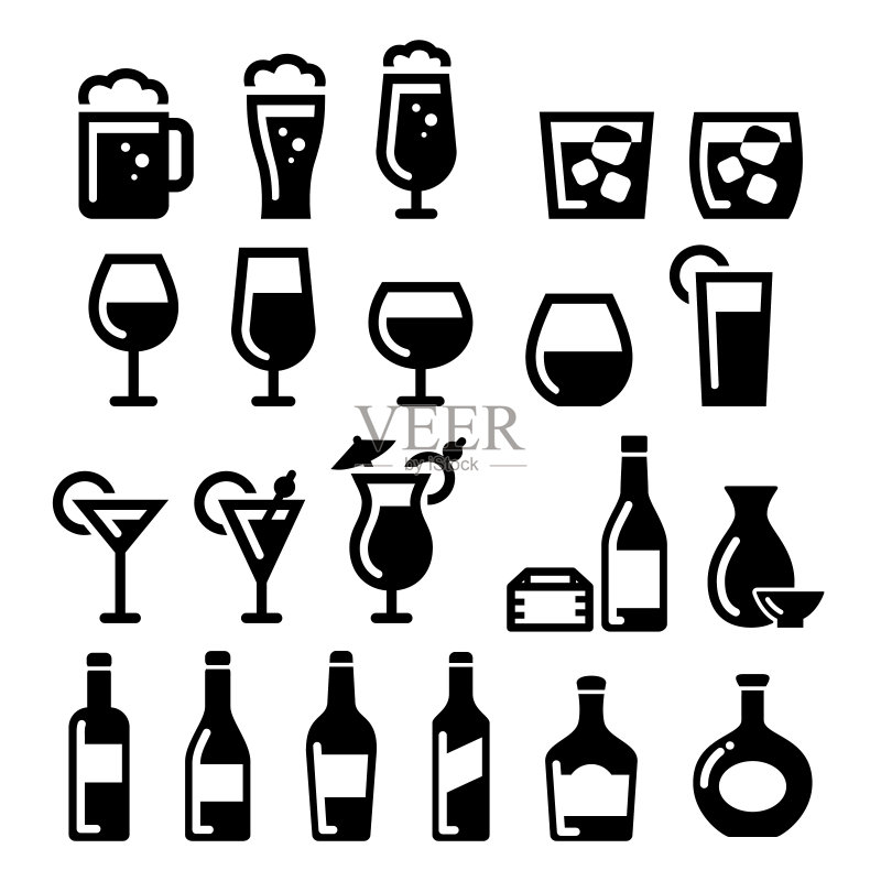 酒类图标插画集:啤酒、葡萄酒、鸡尾酒、清酒、白兰地、威士忌图标素材