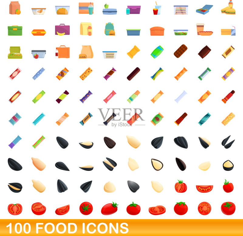 100个食物图标集,卡通风格图标素材