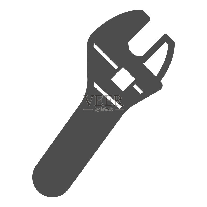 活动扳手实体图标,建筑工具概念,白色背景上的新月形矢量标志,用于移动概念和网页设计的字形样式图标。矢量图形图标素材
