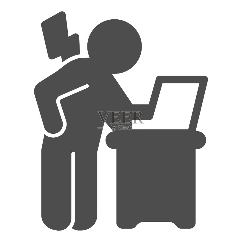 使用笔记本电脑导致背痛的男子,办公室综合征概念图标素材