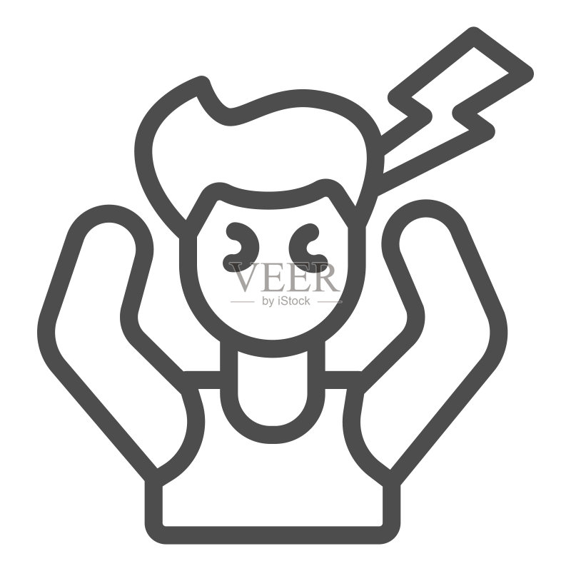 压力下的员工线性图标,办公室综合征概念,白色背景下的员工压力矢量标志,带头痛轮廓的男人,适用于移动概念和网页设计。矢量图形图标素材