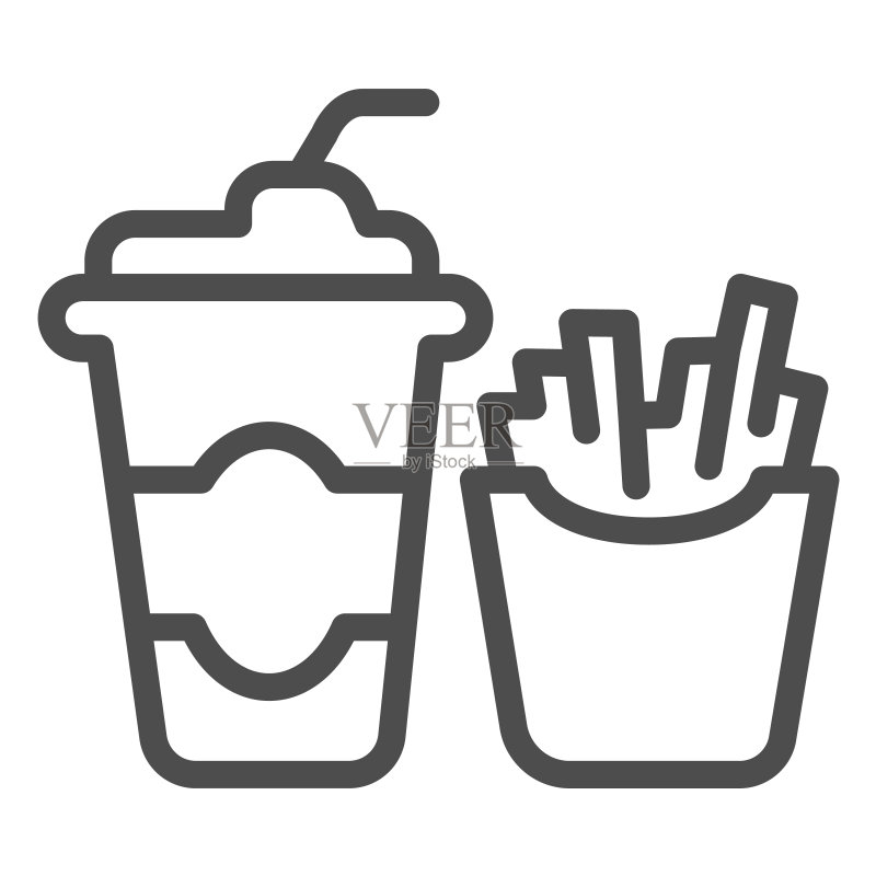 一杯可乐和炸薯条的线性图标,快餐矢量符号图标素材