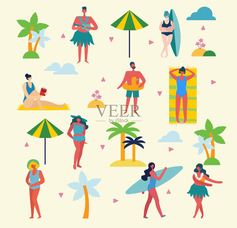 不同的夏季人物和图标套装图标素材