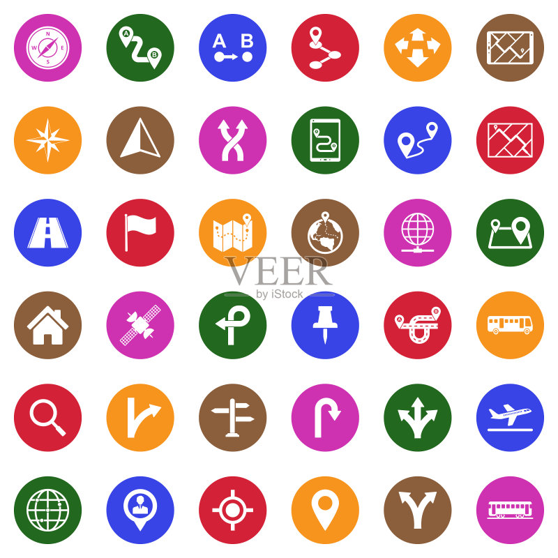 GPS和导航图标。圆形白色扁平设计。矢量图。图标素材