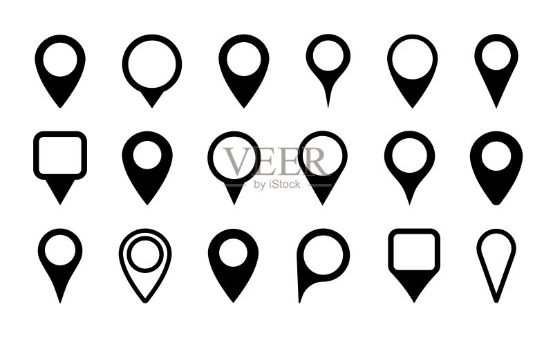 地图定位图钉图标,用于GPS、地理位置和地点标记,旅行和道路目的地标签或符号,白色背景上的黑色地图指针,导航标志矢量图标素材