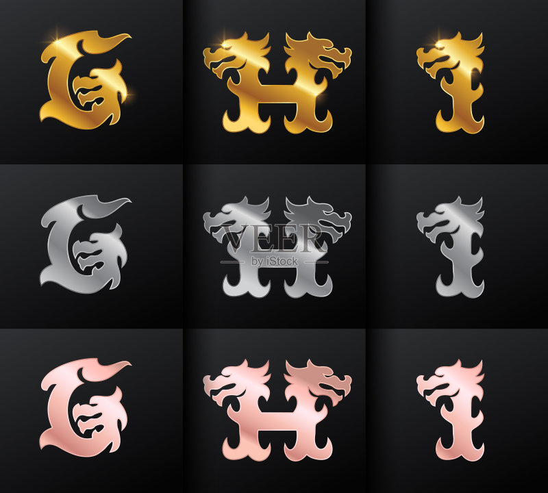金色龙首字母组合GHI图标素材