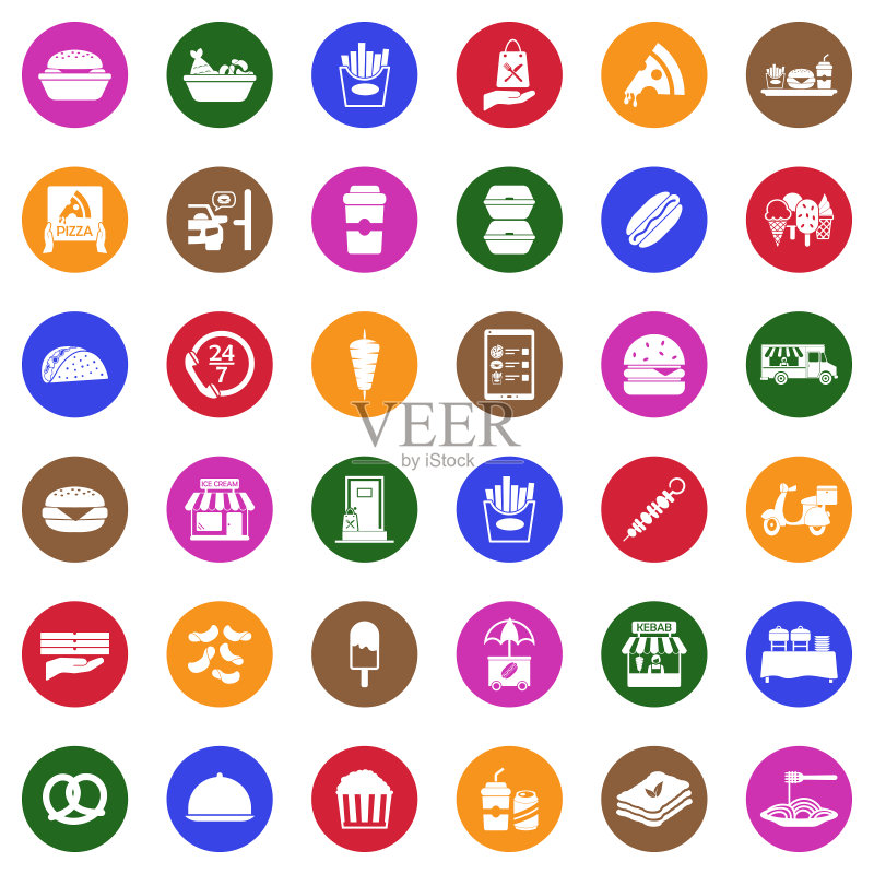 外卖图标。圆形白色扁平设计。矢量图。图标素材
