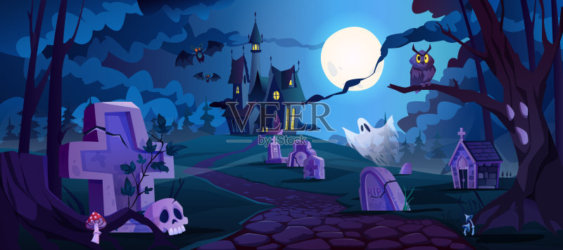 远处的墓地和城堡,幽灵般的万圣节夜晚景观与墓碑和干燥的树木,秋天的墓地和可怕的场景与地窖和头骨。满月皎洁。卡通向量正版插画素材