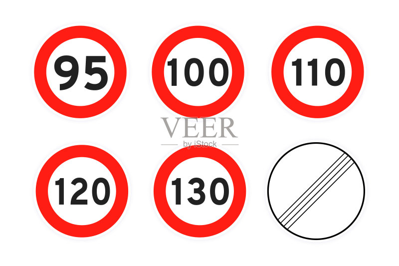 限速95、100、110、120、130圆形道路交通标志图标集扁平风格设计矢量图图标素材