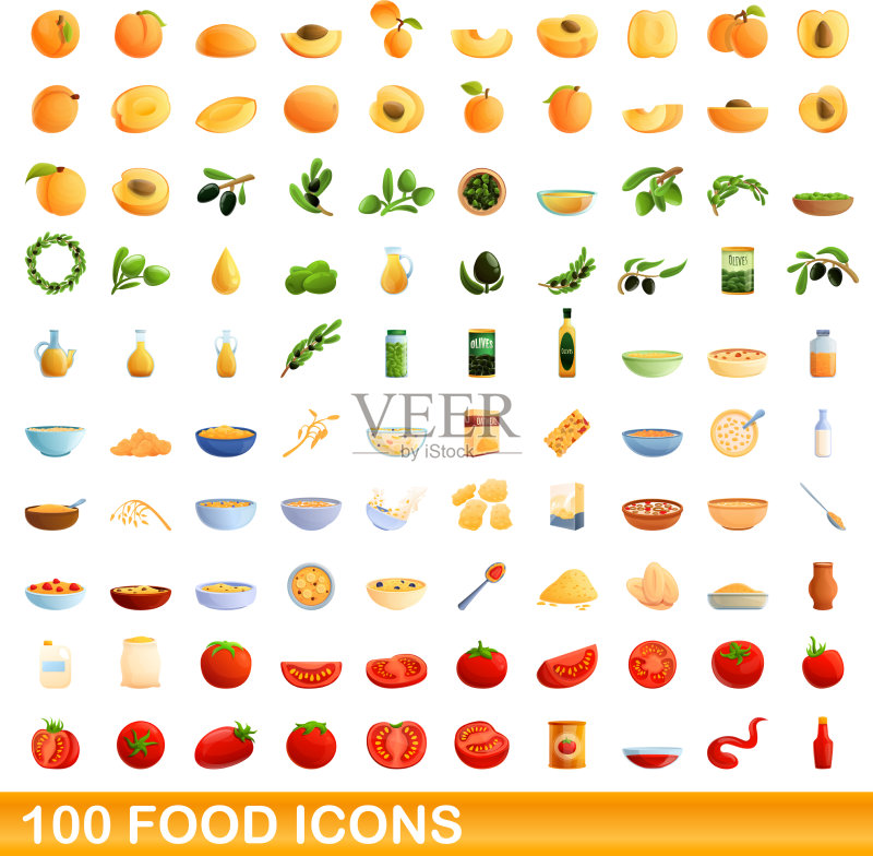 100个食物图标集,卡通风格图标素材