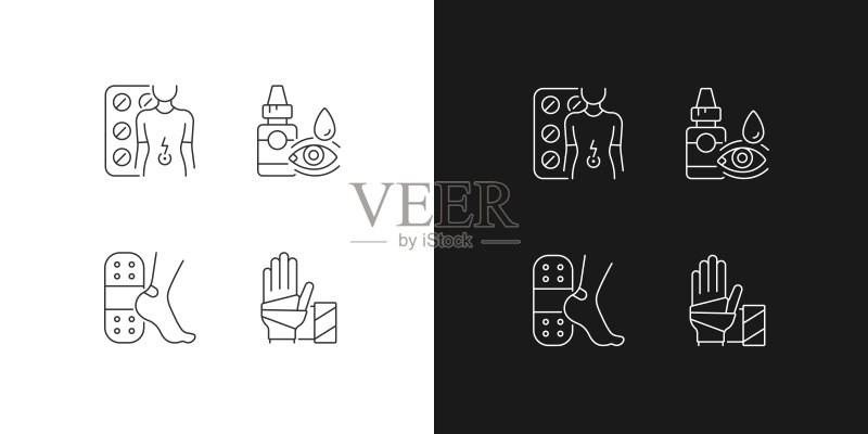 深色和浅色模式下的药物选择线性图标集图标素材
