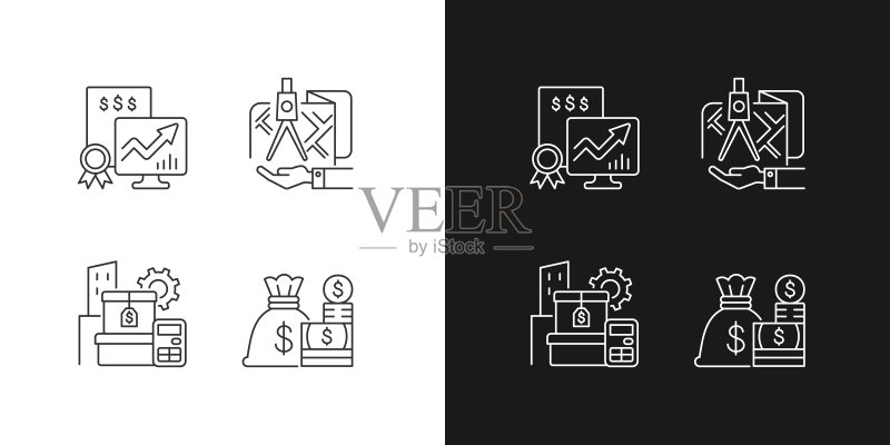 深色和浅色模式的资产管理线性图标集图标素材