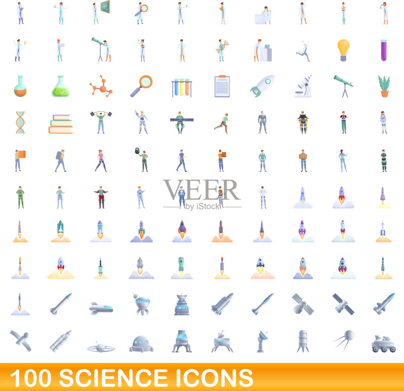 100个卡通风格科学图标合集图标素材