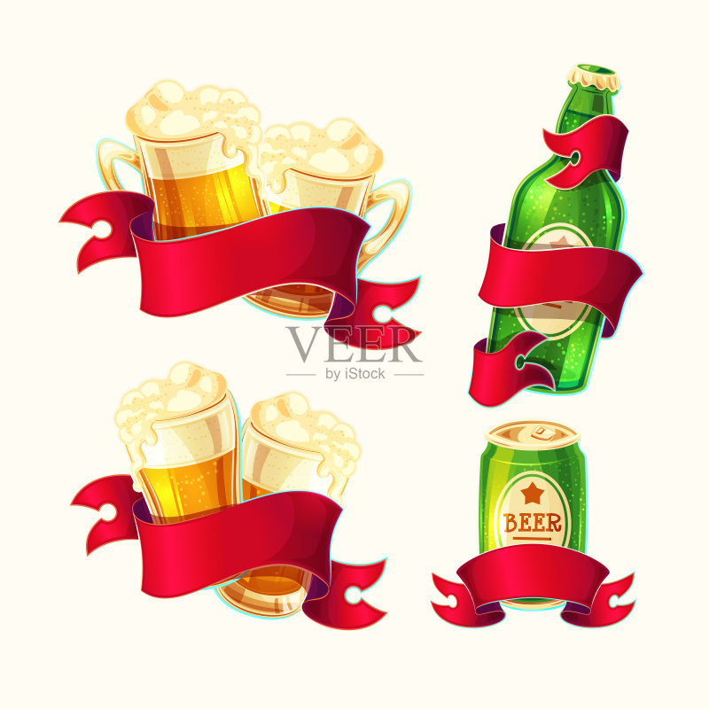 卡通啤酒杯玻璃瓶隔离套装图标素材