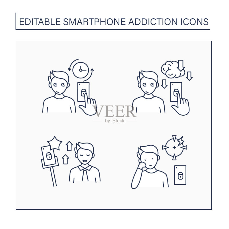 智能手机成瘾线性图标集图标素材