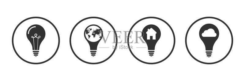 灯泡图标、创意符号、扁平矢量图,解决方案,创意标志,发光灯,三组灯泡。带有地球的灯泡。带有房屋的灯泡。带有云朵的灯泡图标素材