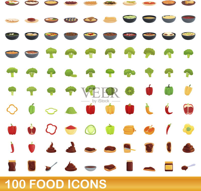 100个食物图标集,卡通风格图标素材