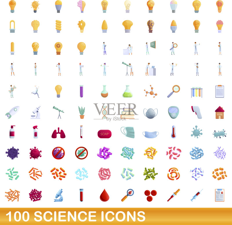 100个卡通风格科学图标合集图标素材
