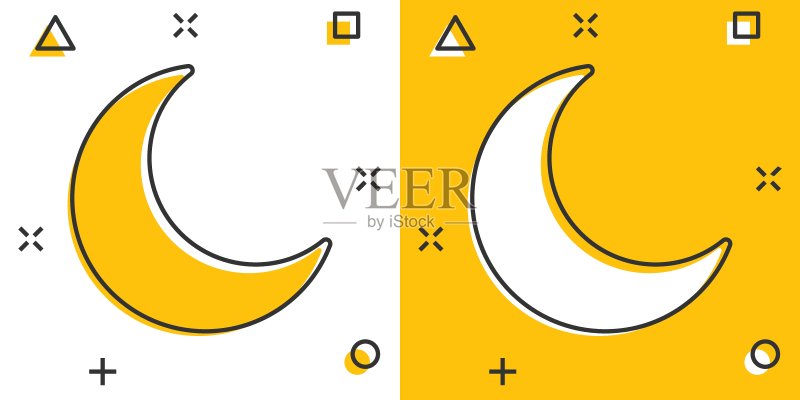 漫画风格的夜晚月亮和星星图标卡通矢量图。月夜概念插图象形图。月亮商业飞溅效果概念。图标素材