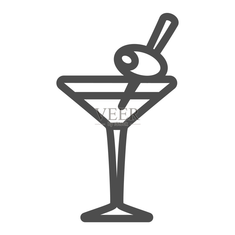 马提尼酒杯与橄榄细线图标,酒吧概念,苦艾酒鸡尾酒矢量标志图标素材