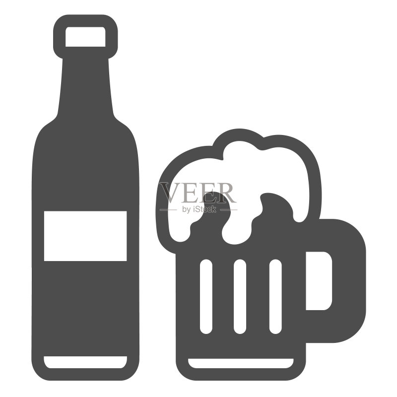 啤酒瓶、带泡沫的啤酒杯图标,酒吧啤酒节矢量素材图标素材