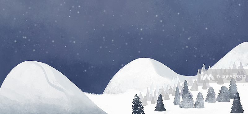 小清新卡通黑夜雪山松树林插画插画图片素材