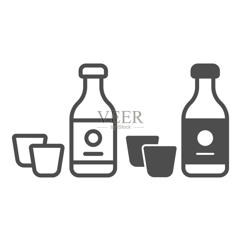 清酒瓶和两个酒杯,亚洲美食概念饮品矢量图白色背景轮廓样式图标图标素材