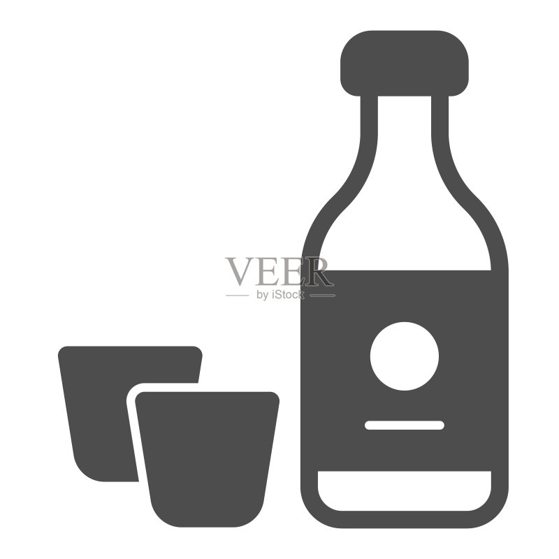 清酒瓶和两个玻璃杯,酒精饮料实体图标,亚洲美食概念,白色背景上的饮品矢量标志,移动概念和网页设计的字形样式图标。矢量图形。图标素材