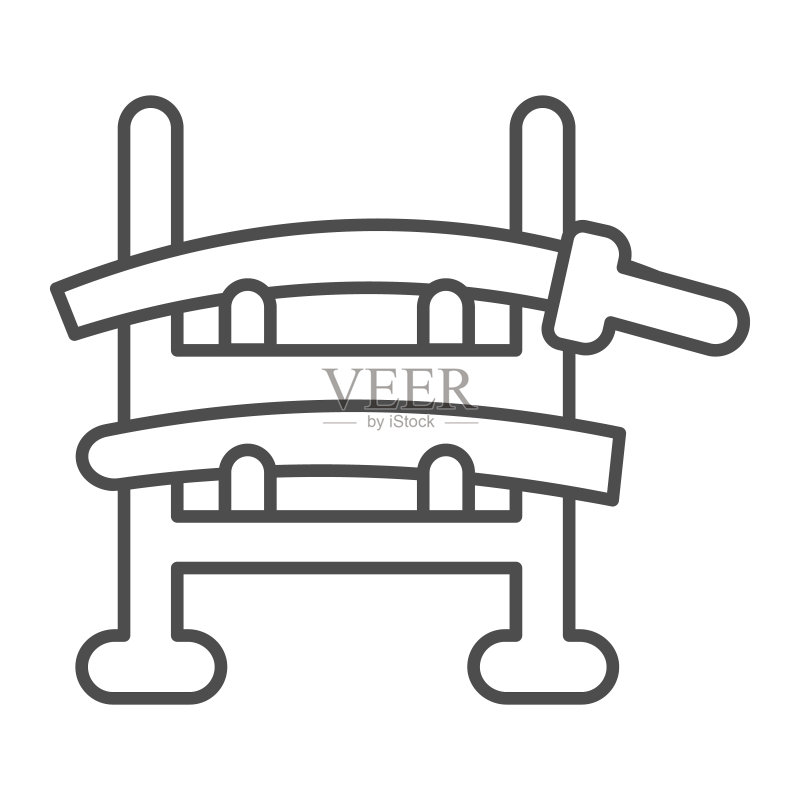 木制武士刀架细线图标,亚洲文化概念,刀剑支架白色背景矢量标志,移动概念和网页设计轮廓样式图标。矢量图形图标素材