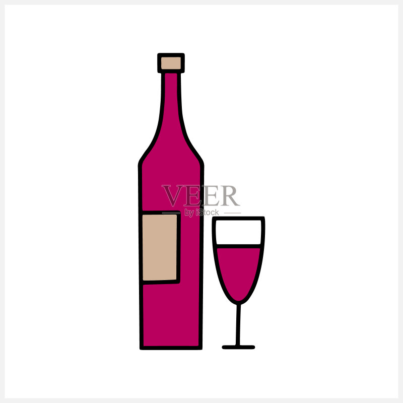 葡萄酒瓶和酒杯图标(白色背景,手绘线条)图标素材