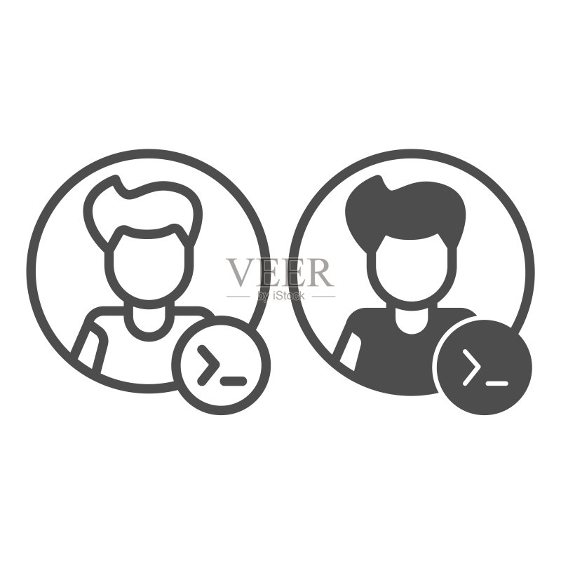 命令行圆圈中的男人,后端开发人员线条和实体图标,用户界面概念,白色背景上的程序员矢量标志,移动概念和网页设计的轮廓样式图标。矢量图形。图标素材