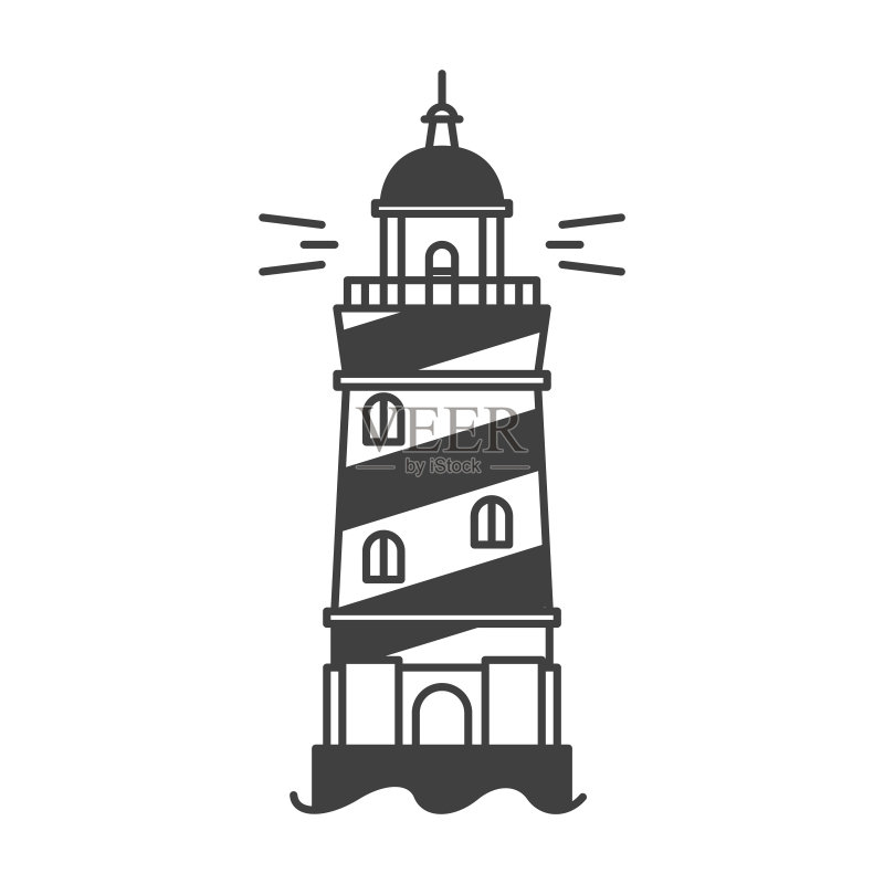 灯塔图标,作为船舶参考点的沿海建筑的简单线条图,圆形螺旋着色,矢量图标素材