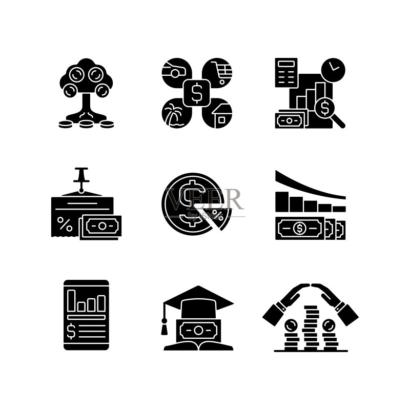 白色背景上的金融黑色字形图标集图标素材