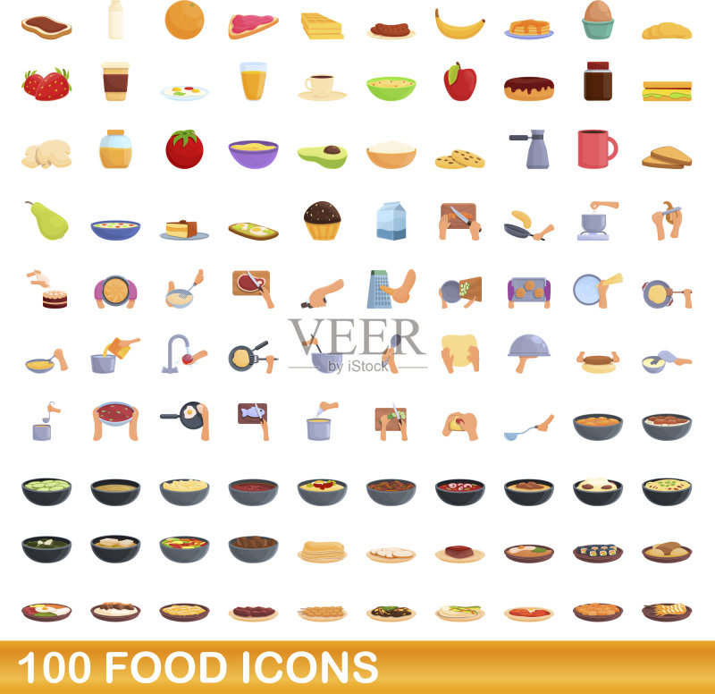 100个食物图标集,卡通风格图标素材