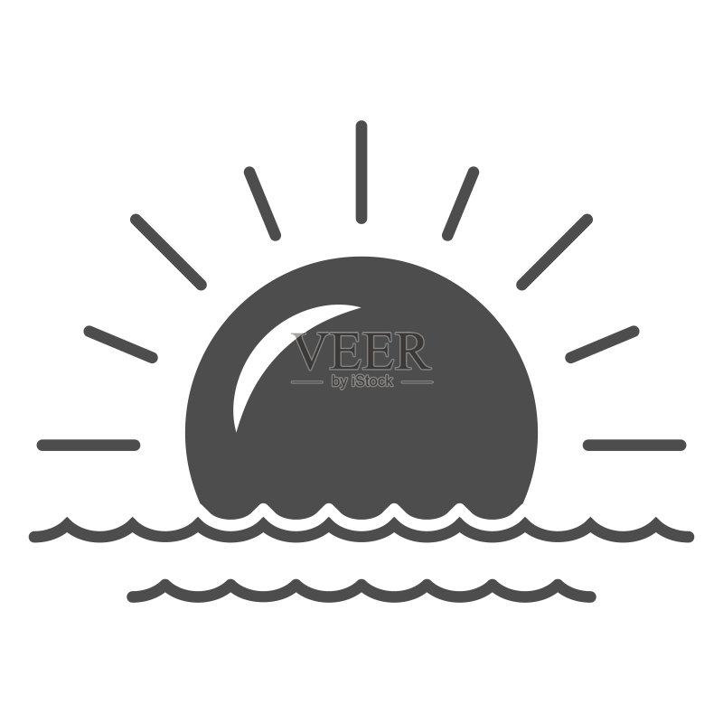 太阳与海洋,海滨,日落实体图标,天气与气候概念,白色背景上的日出矢量标志,适用于移动概念和网页设计的字形风格图标。矢量图形图标素材